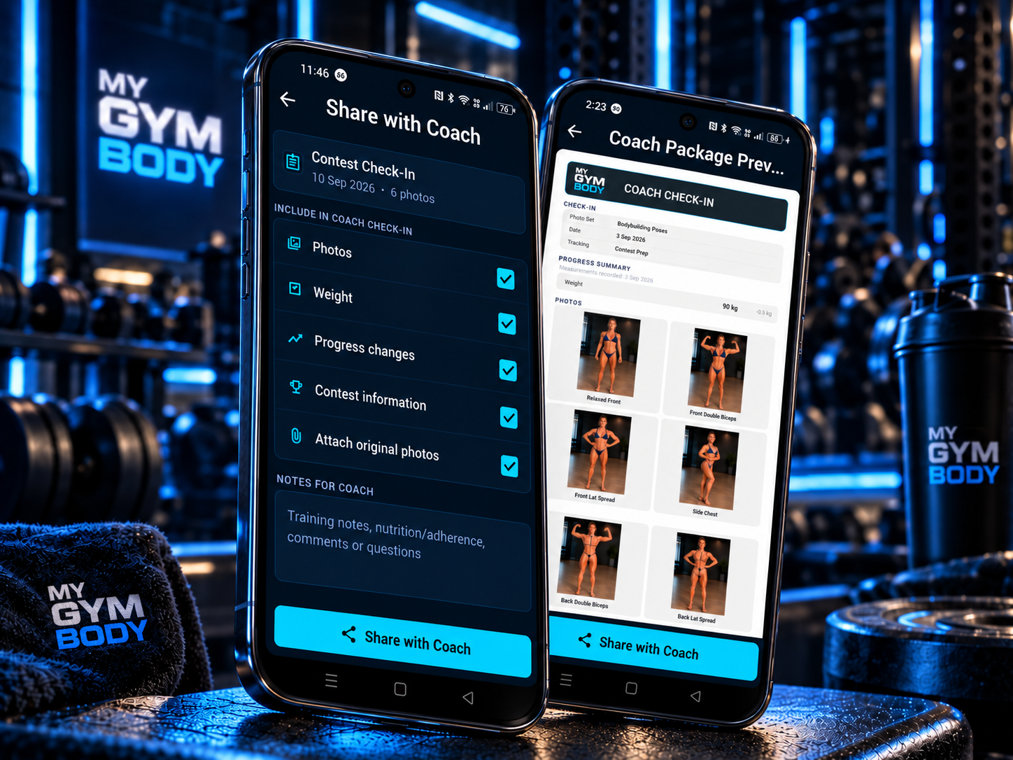 My Gym Body coach check-in sharing and PDF preview